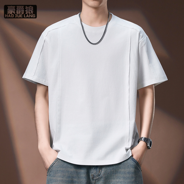 13502779.高端日系复古简约拼接短袖T恤男夏季潮牌重磅宽松圆领休闲体恤男