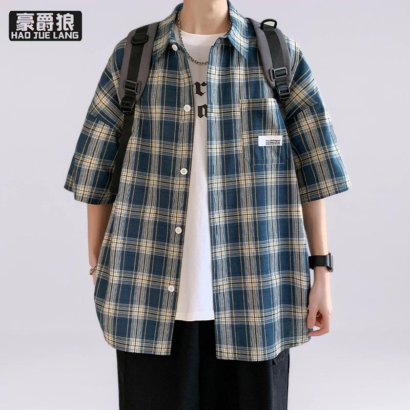 13502755.春夏格子短袖衬衫男衬衣学生款半袖宽松衬衣休闲港风日系潮流帅气