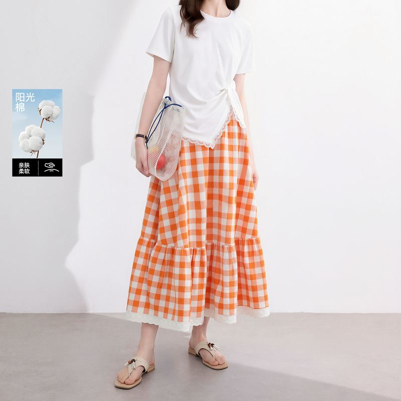 13505168.【100棉】三彩若潮大码女装2026夏季新款长裙格纹A字半身裙微胖MM