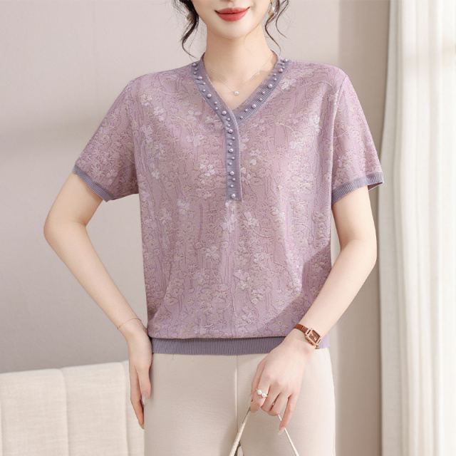 13505651.妈妈装V领高级感提花针织T恤衫Q6EYY9056