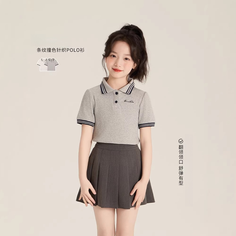 13505470.女童韩版小翻领刺绣竖条纹学院风短袖Polo衫夏季休闲百褶裙时尚百搭A字裙