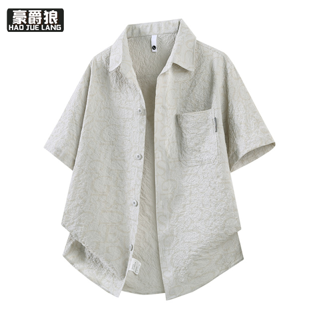 13502773.夏季衬衫男士短袖休闲百搭设计感泡泡格满印寸衫大码T恤翻领半袖