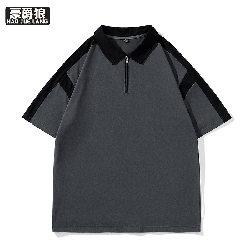 13502793.短袖t恤男polo衫男夏季设计感拉链套头拼接撞色翻领体恤男装半袖