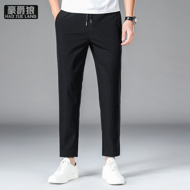 13502821.男士弹力夏季薄款冰丝九分长裤纯色宽松直筒运动速干抗皱休闲裤
