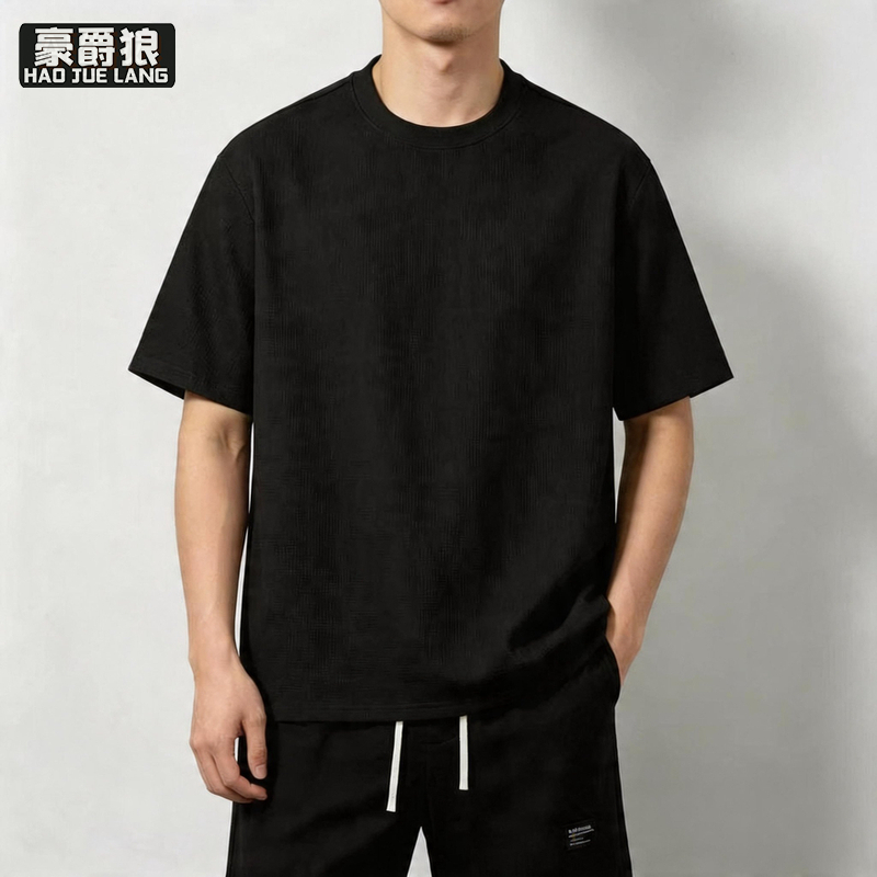 13502801.华夫格套装男夏季美式休闲运动短袖短裤两件套男生帅气搭配一整套