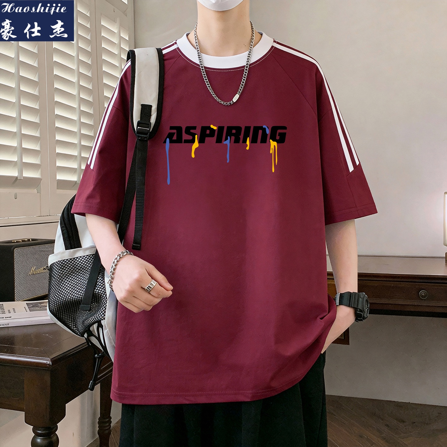 13502734.《简约时尚》夏季新款宽松三条杠纯棉半袖拼接青少年t恤