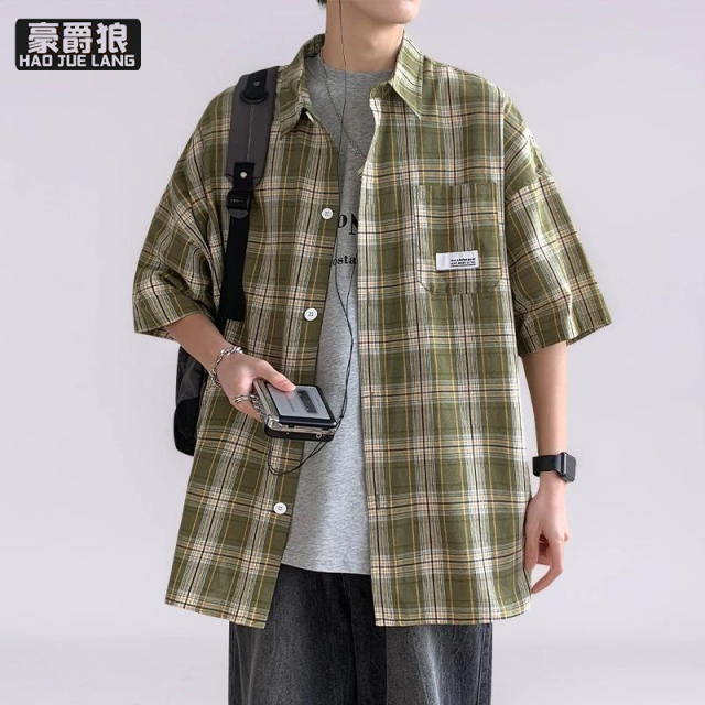 13502755.春夏格子短袖衬衫男衬衣学生款半袖宽松衬衣休闲港风日系潮流帅气