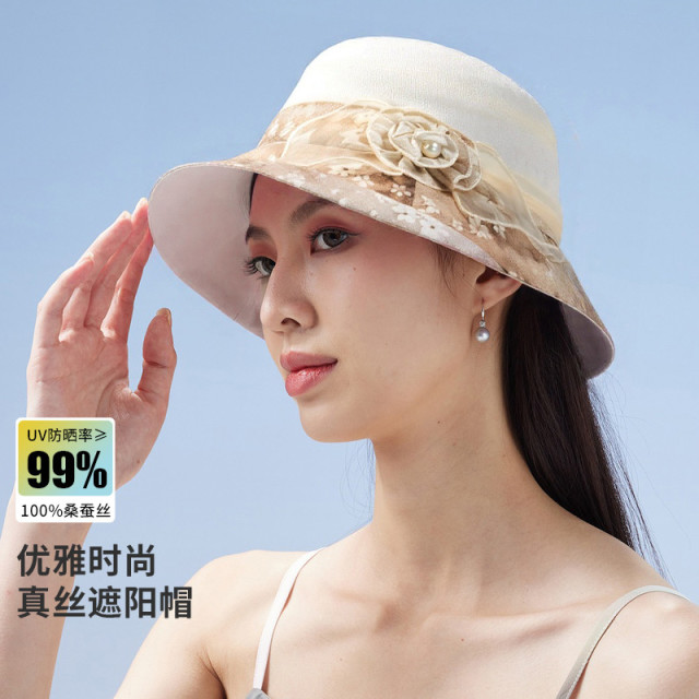 13531183.防紫外线【100%桑蚕丝】透气遮阳帽防晒帽子可折叠