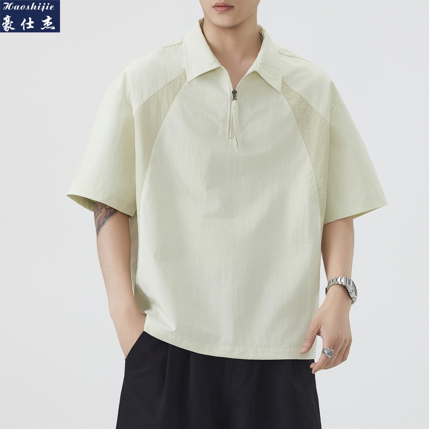 13509226.《简约时尚》夏季新款时尚老钱风翻领半拉链结构拼接百搭短袖衬衫