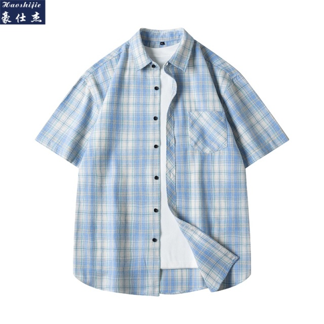 13509233.《简约休闲》春夏爆款潮流时尚个性简约撞色系渐变格子短袖衬衫