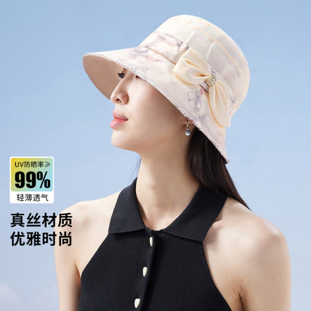13512856.红豆渔夫帽防紫外线【100%桑蚕丝】透气遮阳帽女夏季防晒帽子可折叠