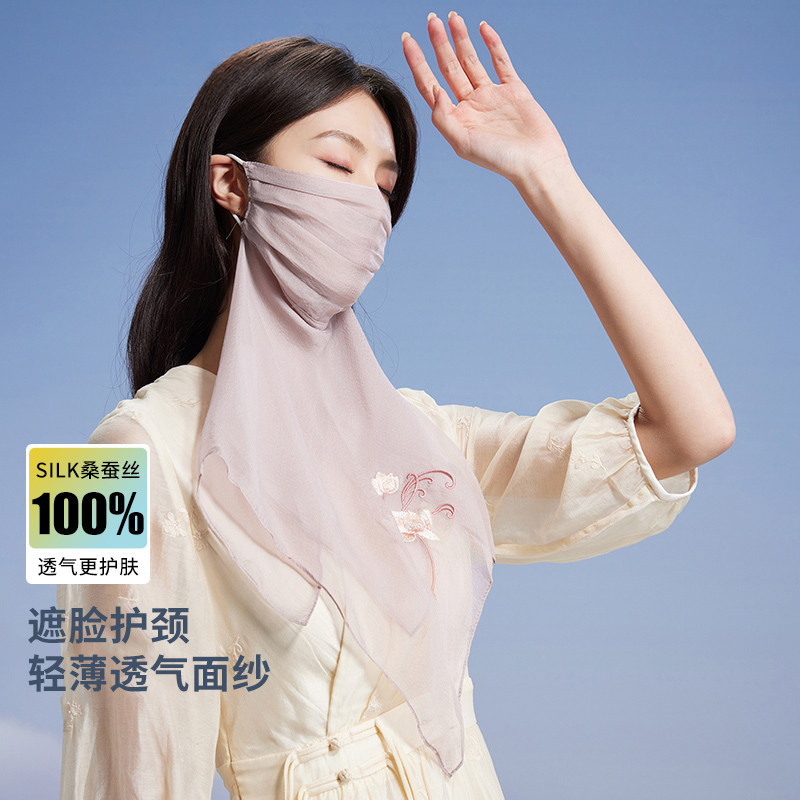 13532929.100%桑蚕丝真丝口罩女透气遮阳防护绣花面罩