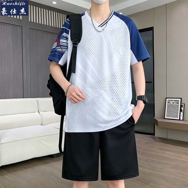 13509166.冰丝透气百搭夏季薄款运动套装男学生短袖短裤套装