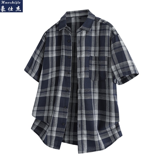 13509232.《休闲简约》夏季爆款潮流时尚个性简约撞色系格子短袖衬衫