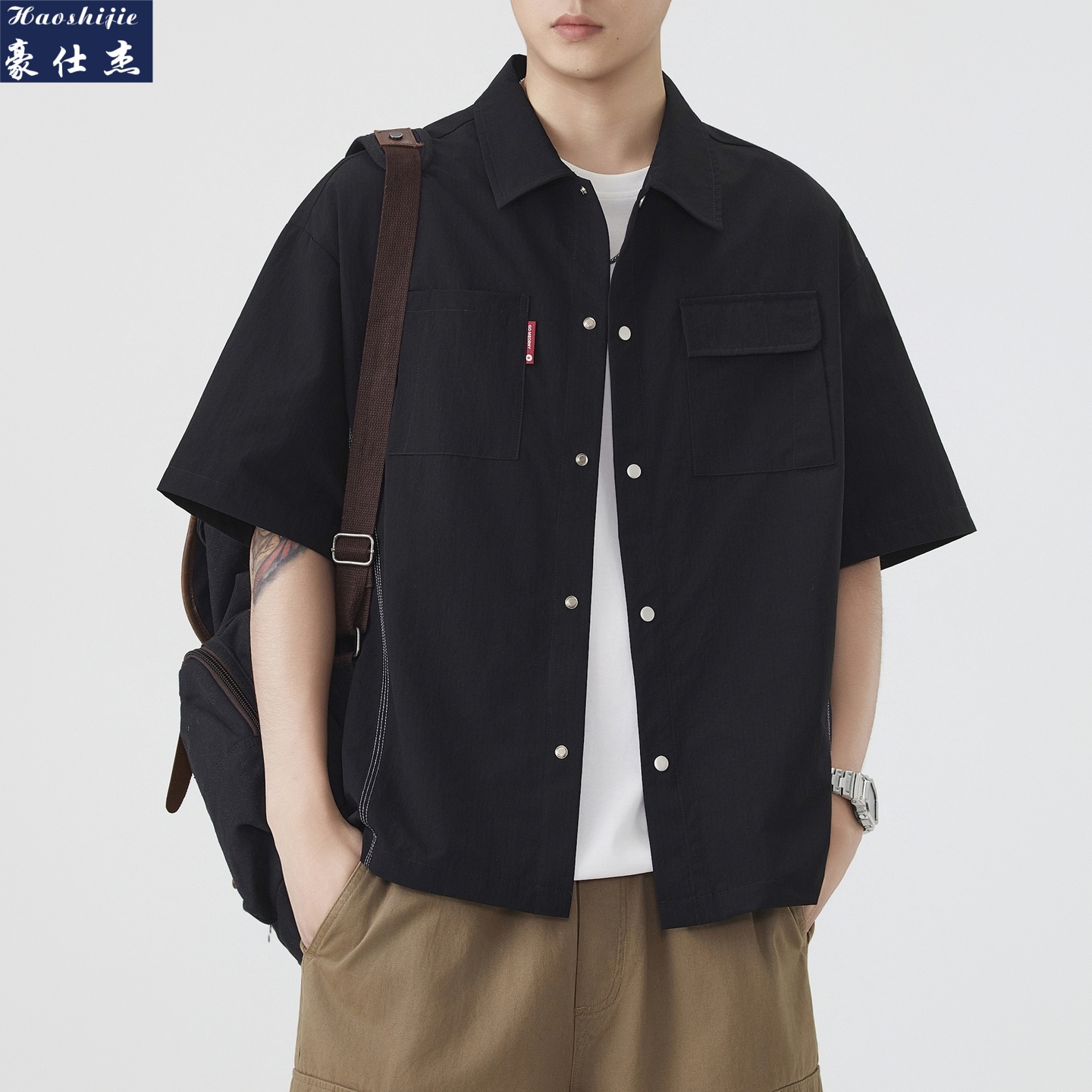 13509222.《百搭潮流》夏季新款时尚潮流美式工装双口袋宽松男款短袖衬衫