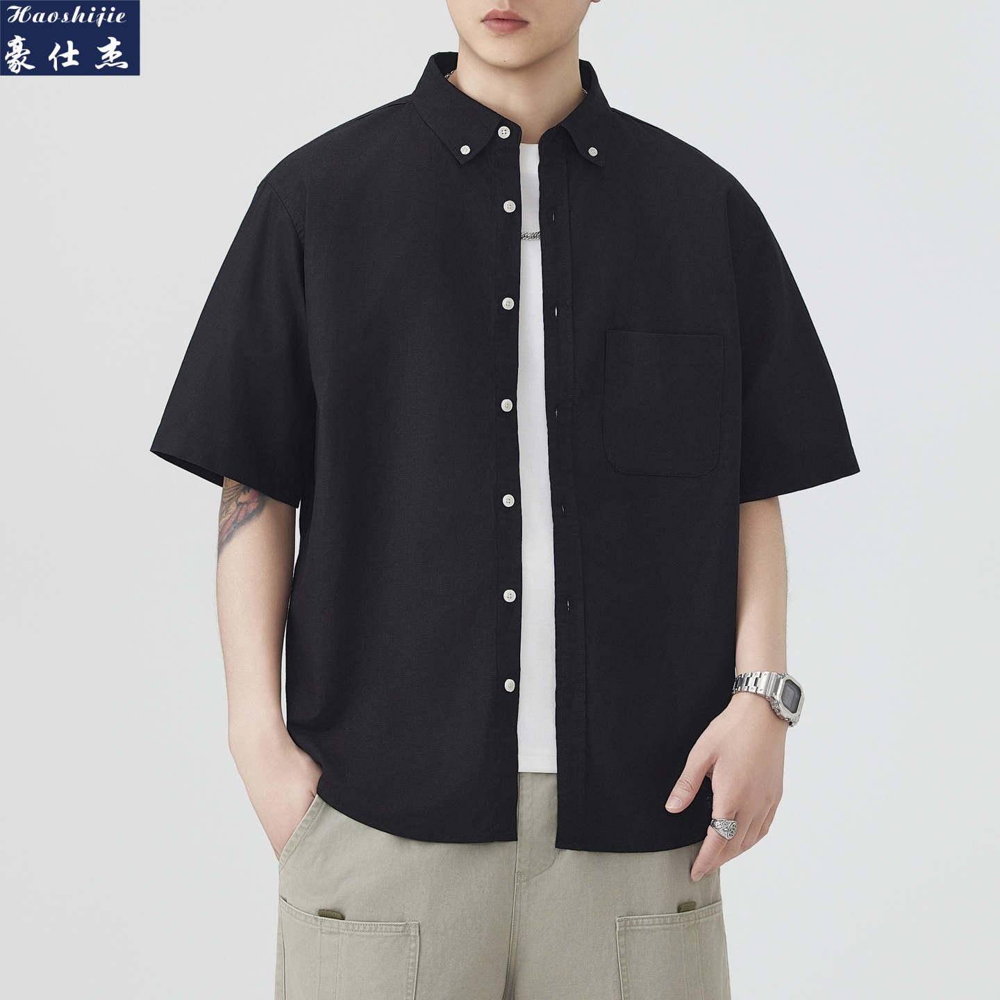 13509229.《百搭潮流》夏季新款时尚老钱风透气商务休闲简约男款短袖衬衫