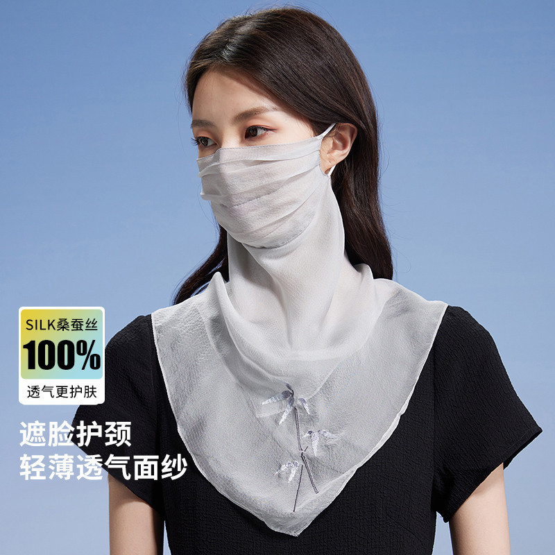 13512865.【100%桑蚕丝】真丝面罩女士绣花透气户外遮阳防护口罩