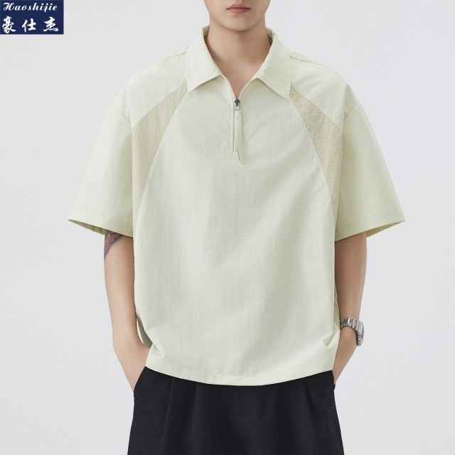 13509226.《简约时尚》夏季新款时尚老钱风翻领半拉链结构拼接百搭短袖衬衫