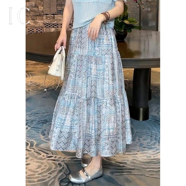 13508836.洋气时髦感印花高腰半身裙
