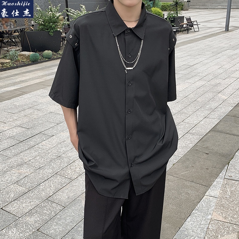 13509236.《时髦百搭》夏季爆款潮流痞帅送个性项链垂感免烫抗皱短袖衬衫