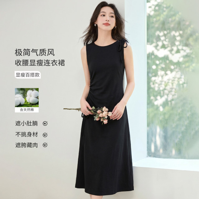 13512727.法式小众绑带设计感小黑裙2026夏季气质高级感显瘦收腰T恤裙