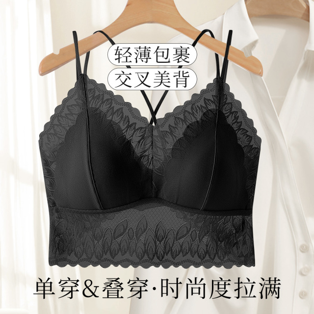 13510197.【免穿文胸】蕾丝性感交叉美背女士吊带背心内衣女带胸垫打底上衣
