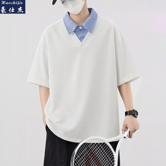 13513145.《时髦百搭》夏季新款青年短袖T恤百搭凉感衬衫领假两件POLO衫