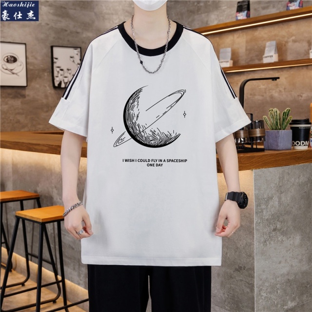 13512836.纯棉阔版落肩印花帅气宽松青少年夏季休闲短袖t恤男半袖上衣潮