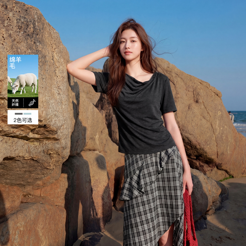 13510026.【莱赛尔羊毛】三彩若潮大码女装2026夏季新款收腰T恤显瘦微胖MM