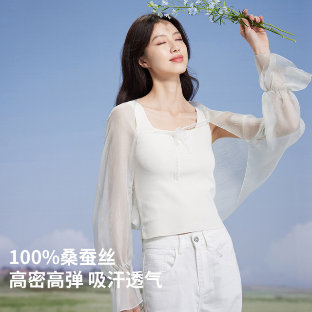 13584757.【100%桑蚕丝】遮阳袖套女透气轻薄户外防护手臂一体冰袖