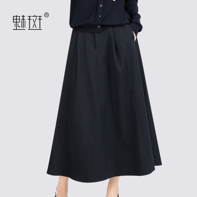 13510211.魅斑高腰藏青色a字半身裙长款裙子
