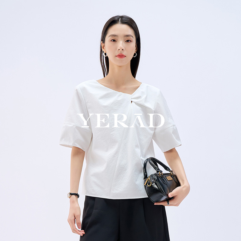 13515031.【娅丽达】法式扭结宽松短袖衬衫女上衣简约通勤衬衣