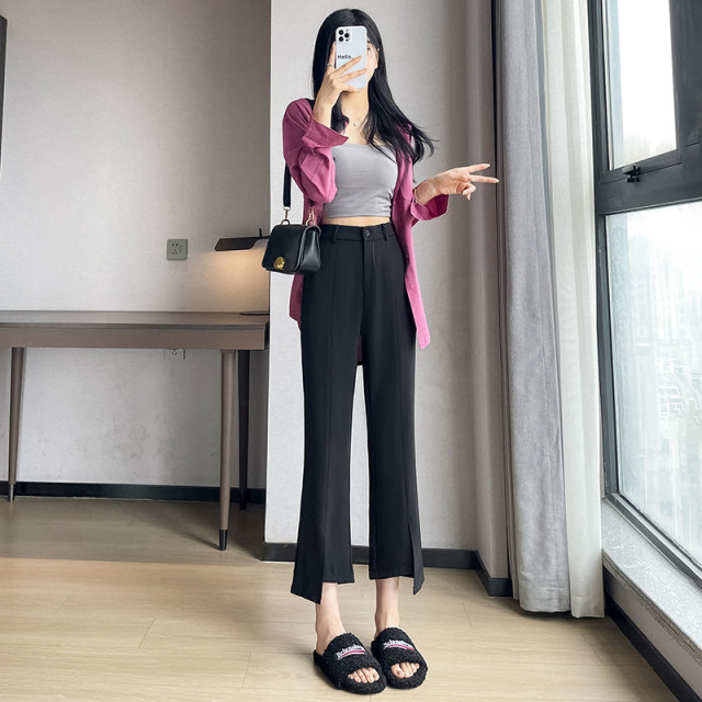 13514236.丹芙娅黑色开叉西装裤女夏季薄款小个子显高休闲九分微喇裤