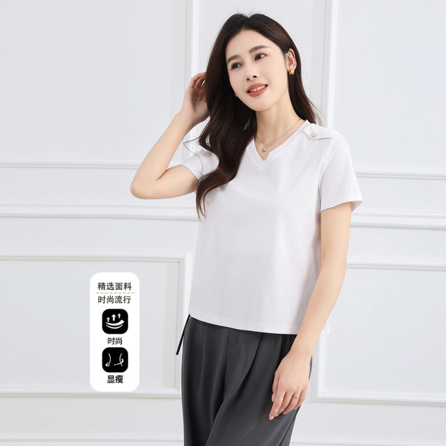 13521415.【超值福利】女式T恤夏季时尚V领纯色通勤百搭短袖