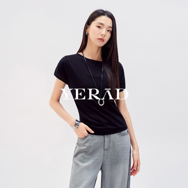 13515795.【娅丽达】简约休闲莱赛尔三醋圆领短袖针织衫女薄T恤