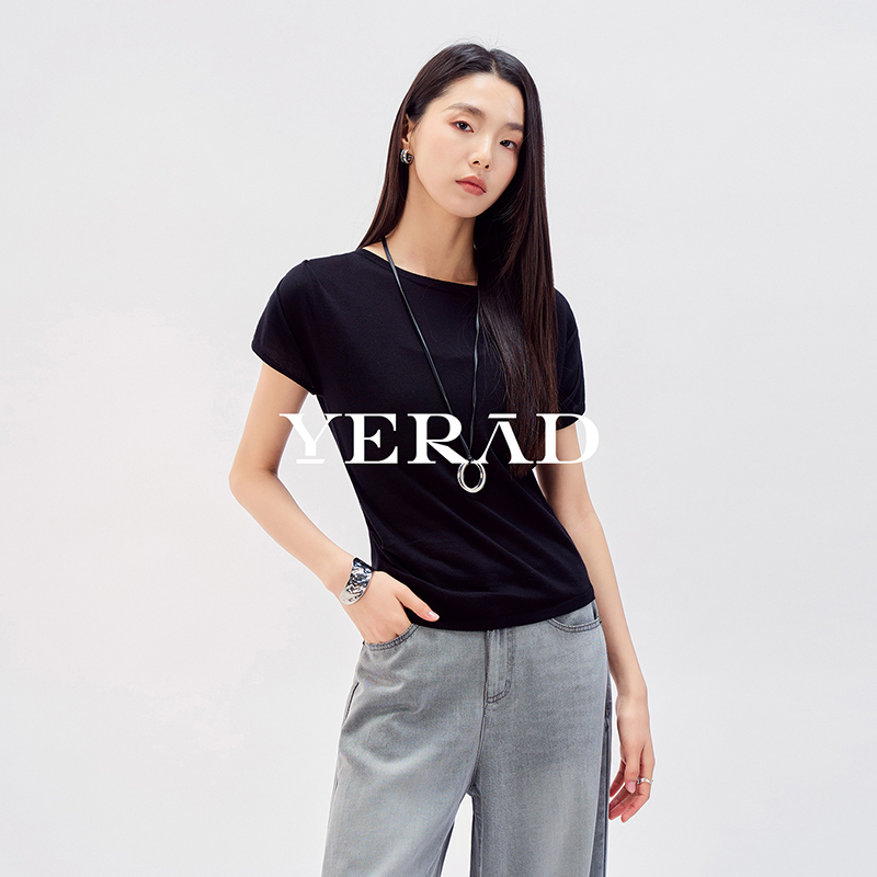 13515795.【娅丽达】简约休闲莱赛尔三醋圆领短袖针织衫女薄T恤