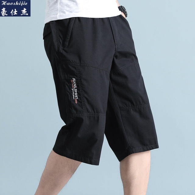 13516159.时尚精美刺绣纯棉夏季男士七分裤爸爸纯棉短裤中年宽松休闲中裤薄