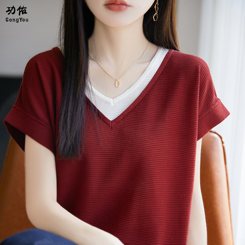 13518912.【功佑】撞色V领假两件针织短袖【莱赛尔】