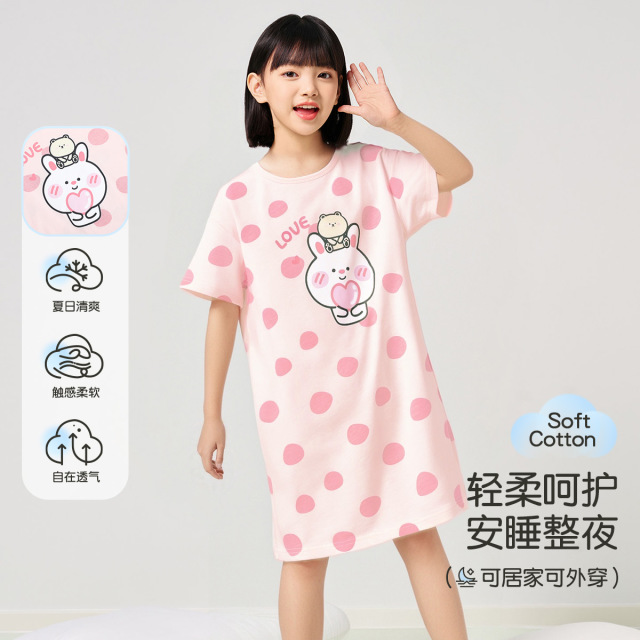 13517740.【福利清仓】【100%棉】猫人女童短袖睡裙宽松家居裙(兔兔短袖裙)