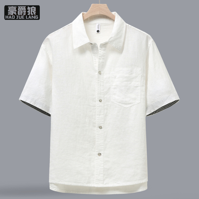 13519003.夏季复古纯亚麻短袖衬衫男中年宽松休闲薄款透气全麻半袖翻领衬衣