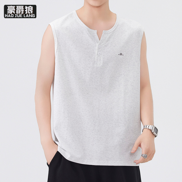 13519060.美式背心夏季潮牌坎肩宽松男士无袖t恤棉质V领纽扣潮流运动服白色