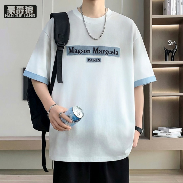 13519031.夏季新款圆领休闲男美式潮流宽松印花拼色百搭薄款半袖打底衫T恤
