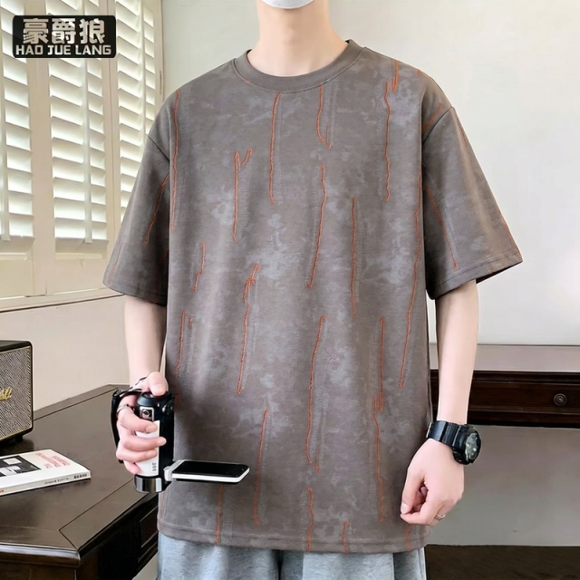 13518991.夏季新款潮牌烧花撞色破洞圆领短袖男士潮流扎染痞帅百搭半袖T恤