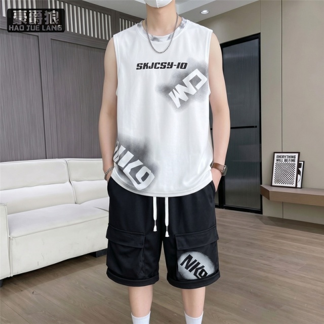 13518995.冰丝休闲套装无袖t恤男夏季薄款速干背心工装短裤篮球跑步运动服