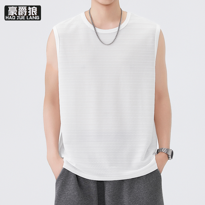 13519016.夏季新款网眼冰丝提花条纹圆领宽宽肩背心男百搭无袖坎肩上衣