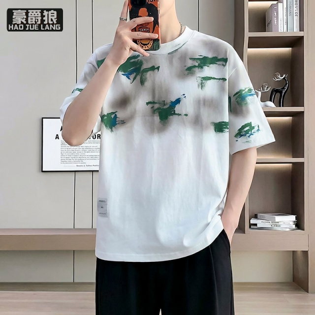 13519026.渐变手绘印花短袖t恤男款夏季爆款时尚新款美式休闲百搭半袖上衣T