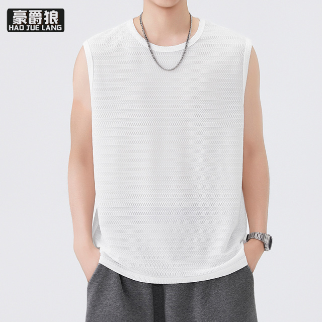 13519016.夏季新款网眼冰丝提花条纹圆领宽宽肩背心男百搭无袖坎肩上衣