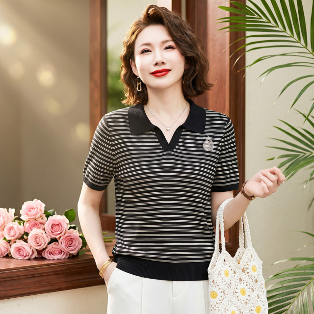 13519254.妈妈装女式针织衫夏季短袖翻领套头春夏百搭中老年女装夏装上衣