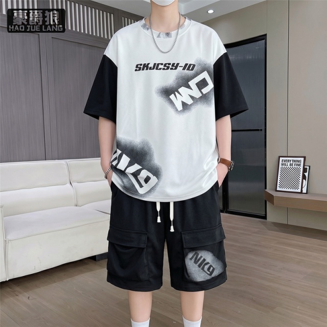 13518994.夏季休闲T恤工装短裤青少年男短袖套装初高中学生上衣运动两件套