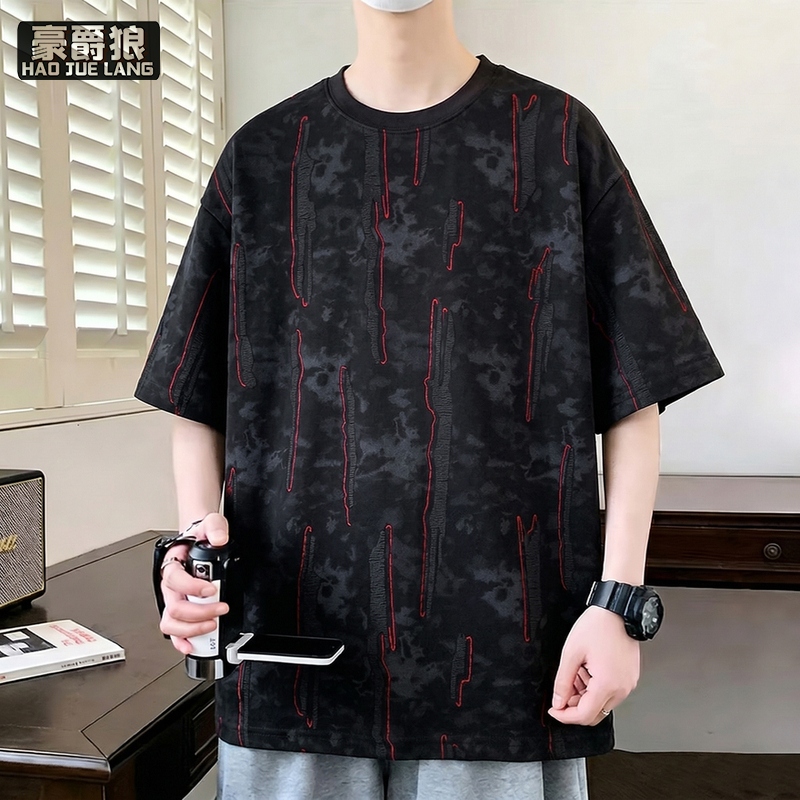 13518991.夏季新款潮牌烧花撞色破洞圆领短袖男士潮流扎染痞帅百搭半袖T恤